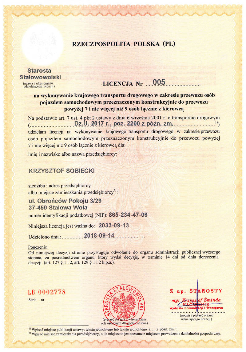 Licencja na transport osób